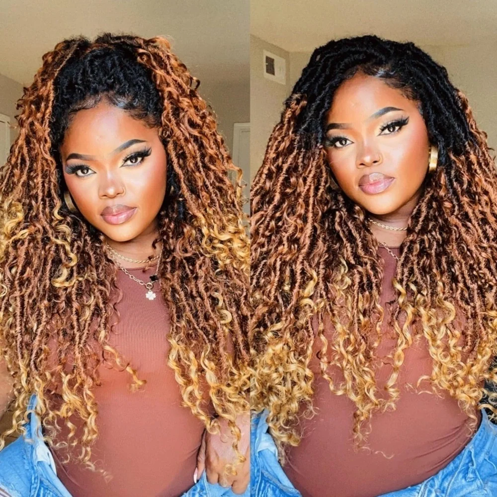 24” Ombre Brown Boho Synthetic Locs with Human Hair Curls 8 Pks‎ Pre-Looped #QC2